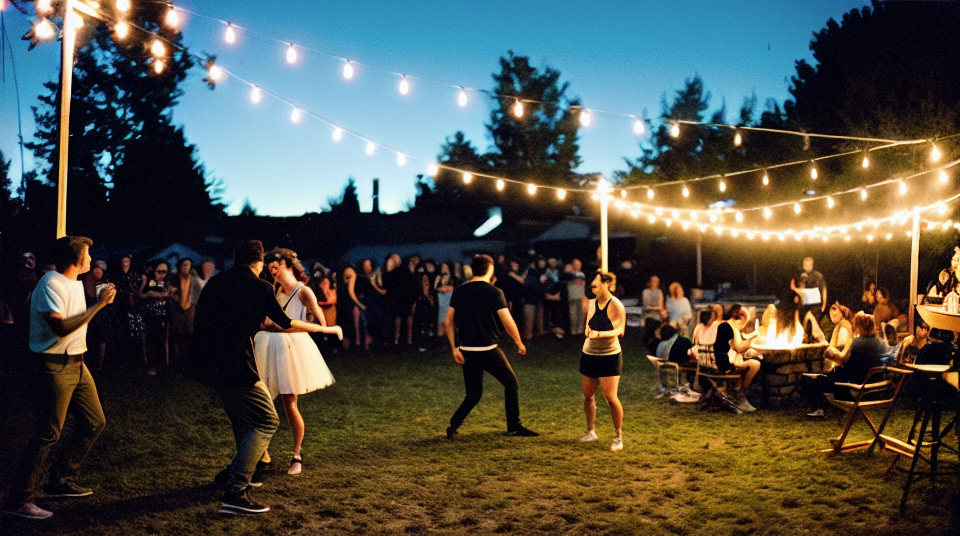 People attend a party in a back yard, string lights above the party and a firepit burns at the right hand side